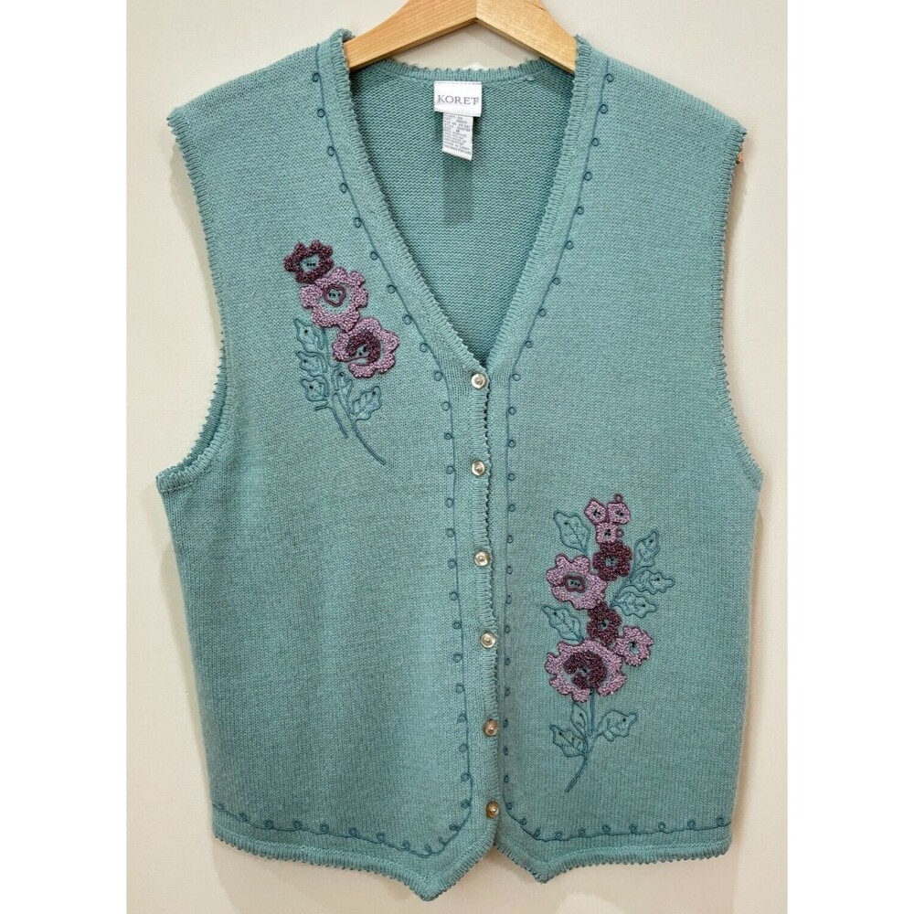 VTG Floral Sweater Vest Womens Medium Knit Cottagecore Coastal Grandma Cardigan